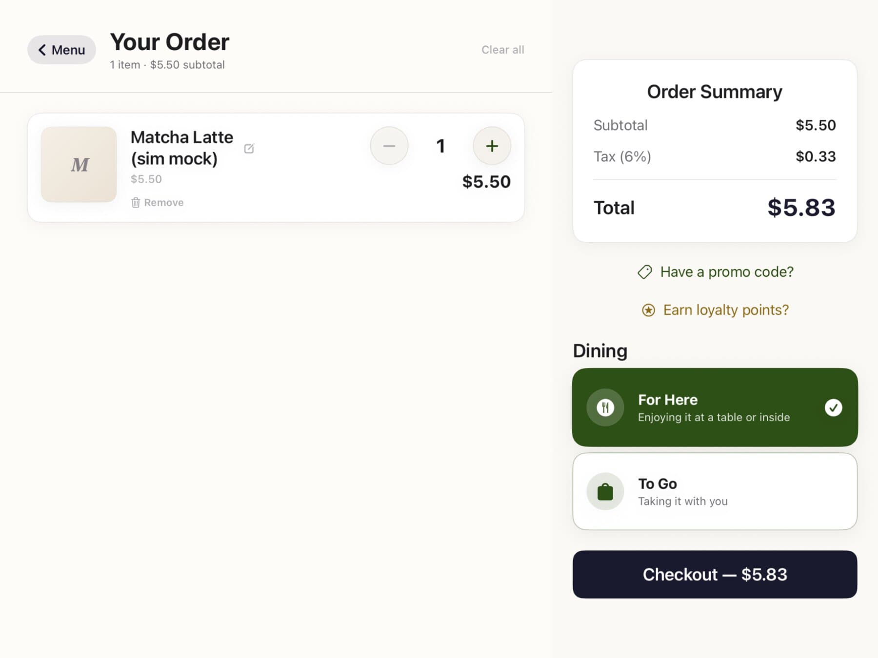 The cart rail with item card, stepper, and order summary