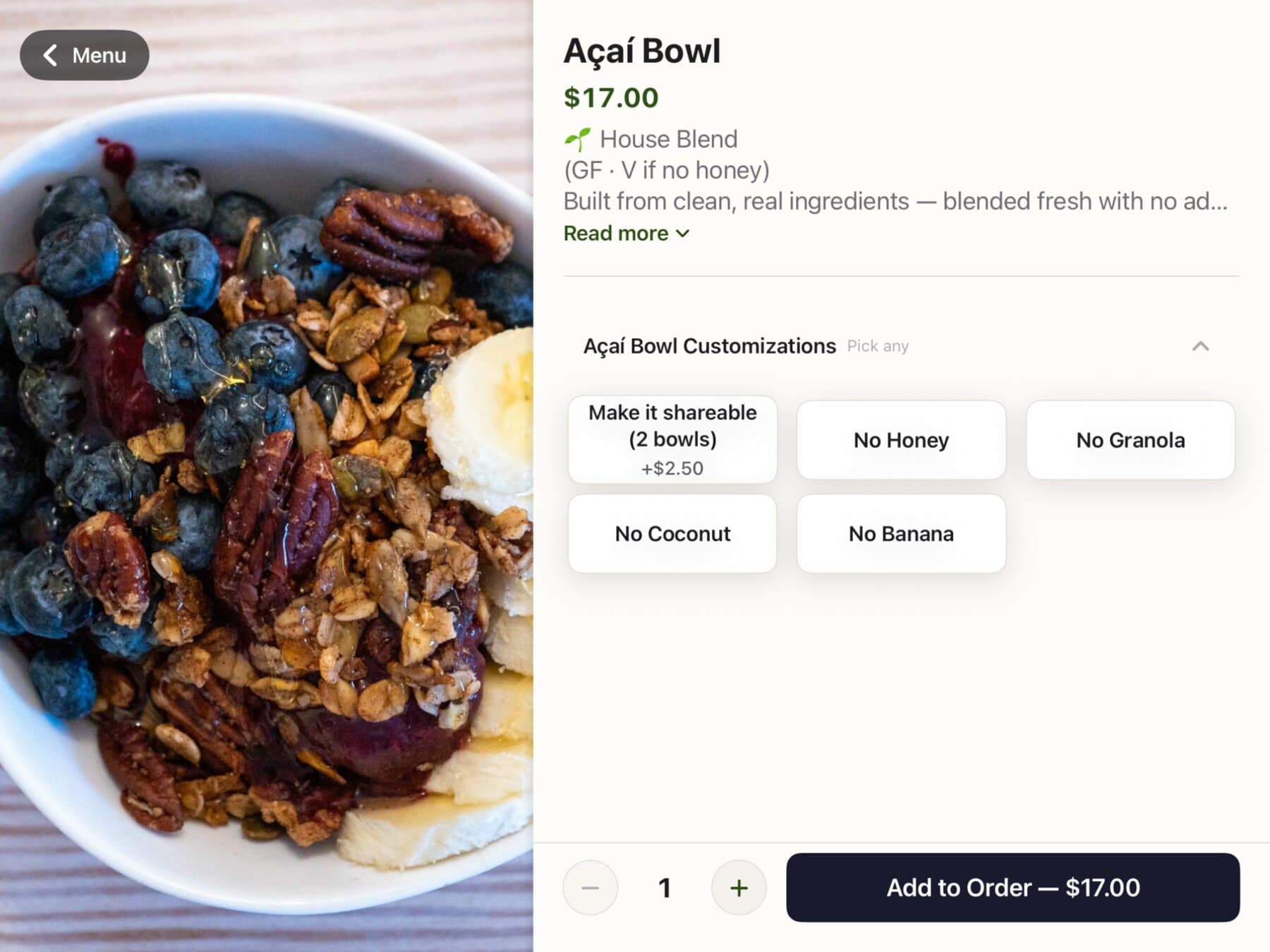 The item detail screen with modifier choices and an Add to cart button