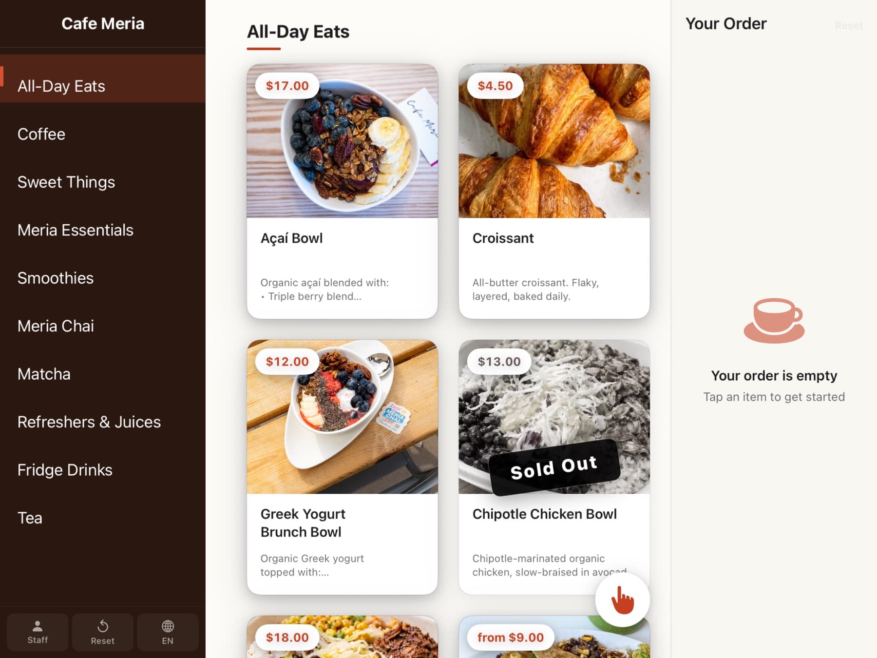 The menu view on Order June — grid of item tiles with photos, names, and prices, category sidebar on the left