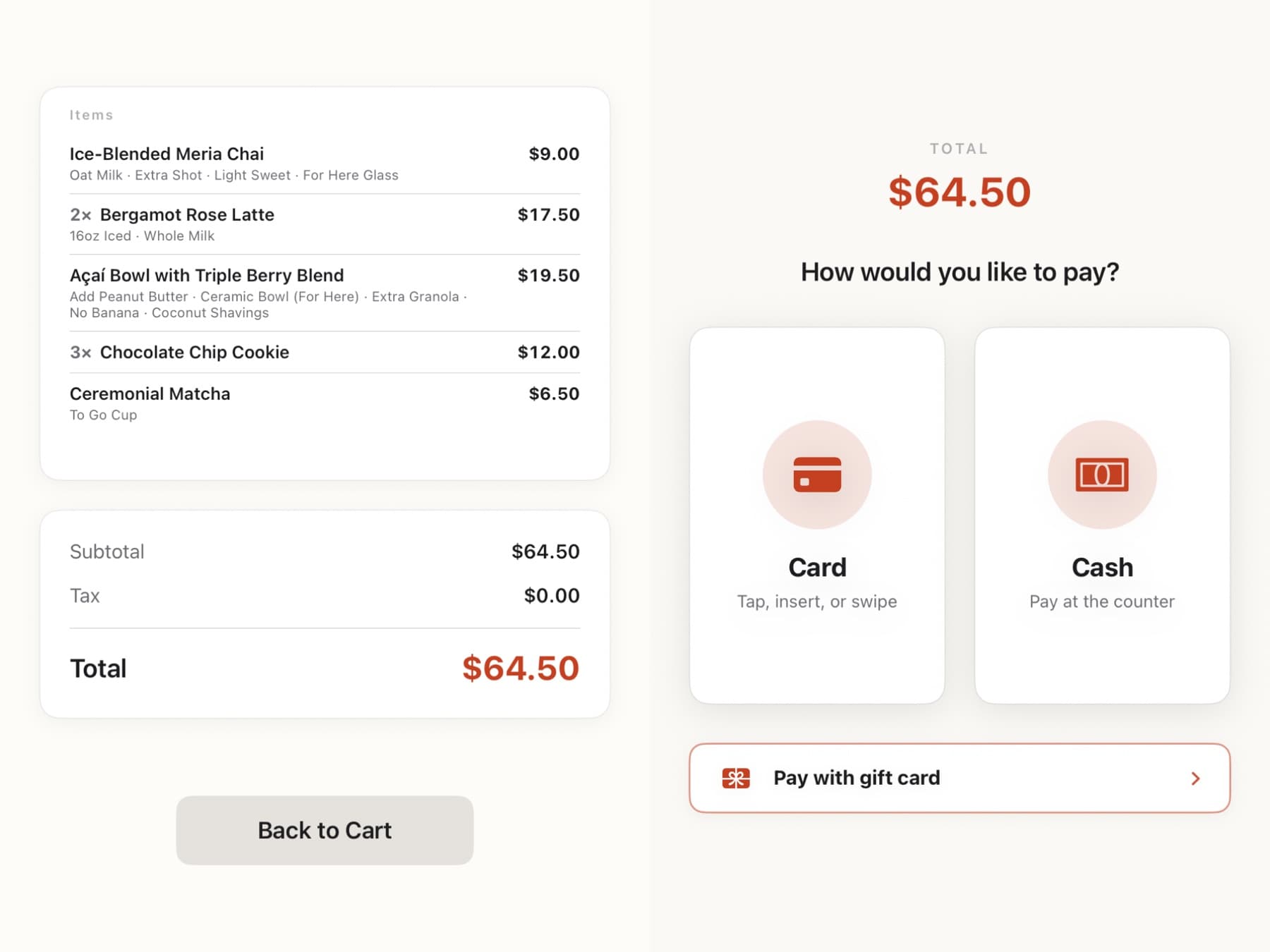 The payment screen instructing the customer to tap or insert their card