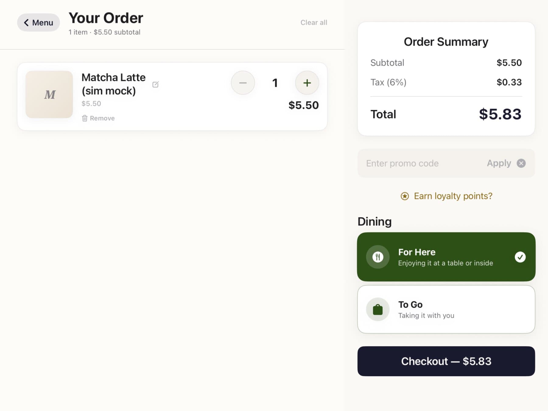 The payment screen prompting the customer to tap or insert their card