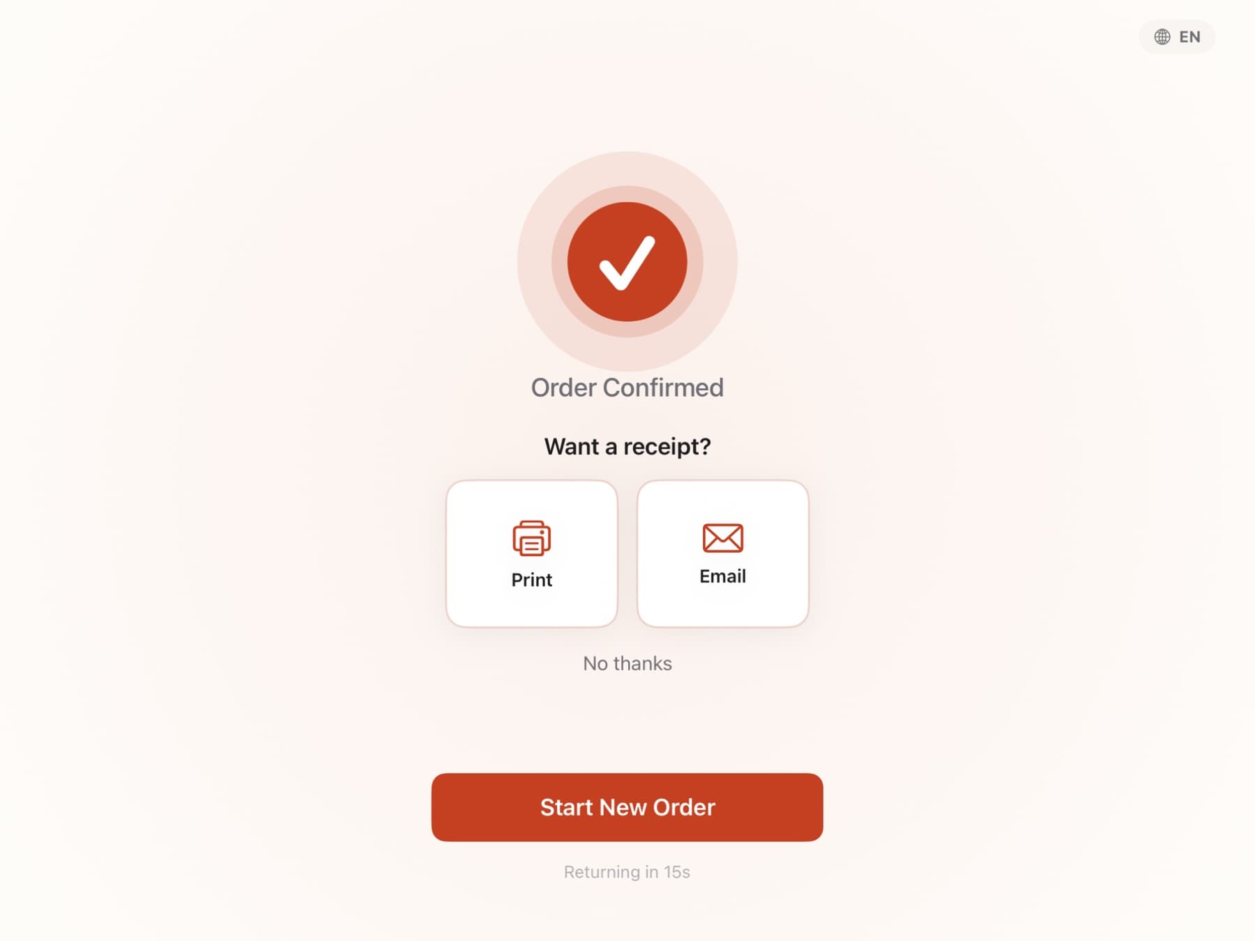 The confirmation screen with the order number, thank-you message, and receipt options